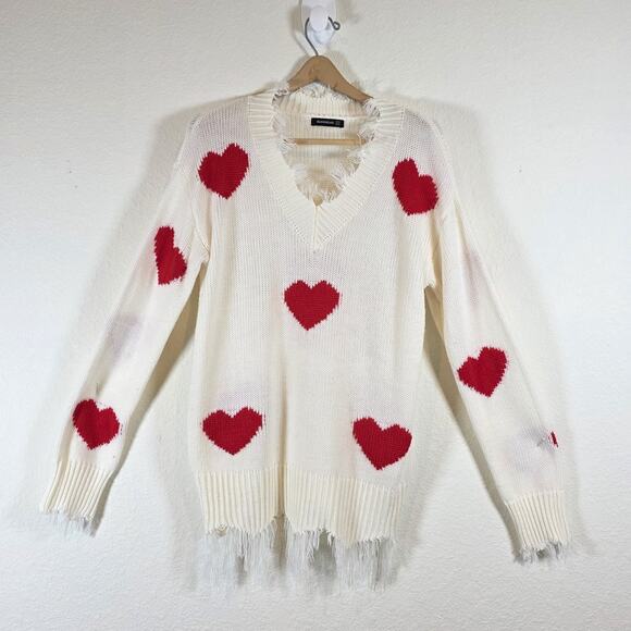Bloom Chic Knit Sweater Red Heart Fringe Hems/cuff Size 14 - Picture 2 of 13
